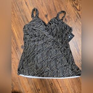 Miraclesuit Tankini Top 36DD nwt black w/cream and bronze dots wired bra closure